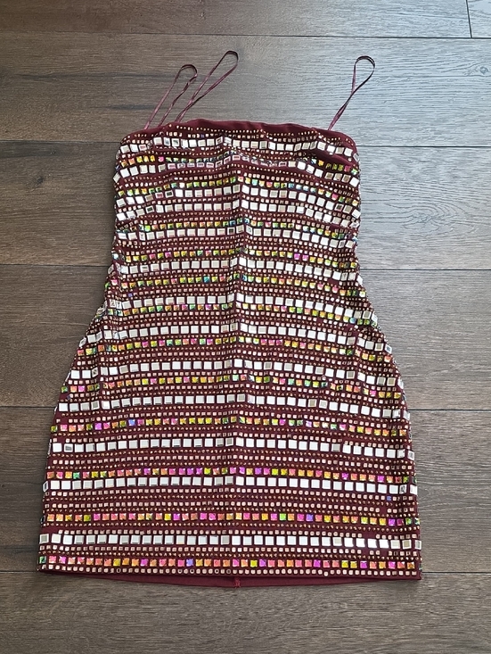 AKIRA Dresses & Skirts - AKIRA Burgundy Crystal Mini Dress with Multicolor Jewels